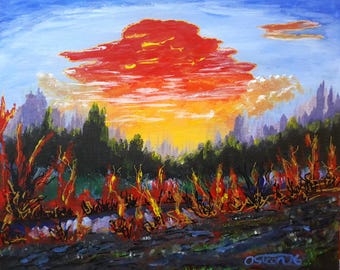 Intuitive Abstract Landscape Acrylic Painting, Sunset Art on 8x10 inch canvas panel
