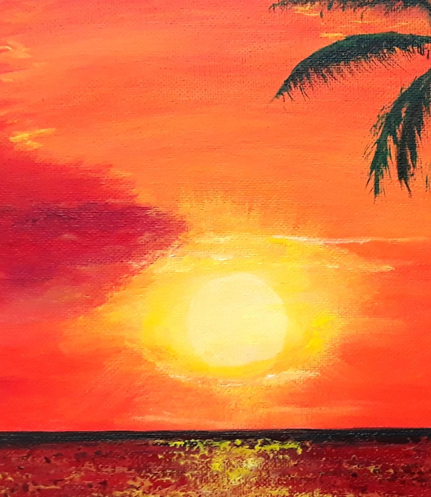Orange Sunset Impressionist Painting, Seascape Acrylic Art on