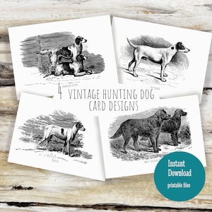 Pode incluir: Quatro ilustrações vintage em preto e branco de cães de caça. As ilustrações são rotuladas como "American Setters", "Fox Terrier", "Pointer" e "Wire-Coated Retriever". O texto "4 Vintage Hunting Dog Card Designs" também está incluído na imagem.