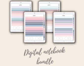 May include: Four digital notebooks for Goodnotes and Notability. Each notebook has a different color scheme with pastel pink, blue, and gray colors. The notebooks have an index tab and a grid pattern.