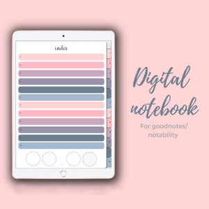 May include: A digital notebook template for Goodnotes or Notability apps. The template features a pink, purple, and blue color scheme with an index page and different page layouts. The index page has 12 numbered tabs.