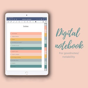 Può includere: Un modello di quaderno digitale per le app Goodnotes o Notability. Il modello ha uno schema di colori turchese, pesca e giallo e include un indice con 12 argomenti.