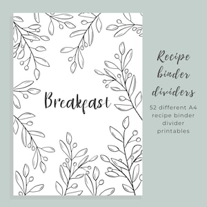 May include: Black and white printable recipe binder dividers with a floral border and the word "Breakfast" in the center.  52 different A4 recipe binder divider printables.