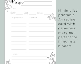 Minimalist A4 Recipe Card Printable, Recipe Binder Inserts (PDF)