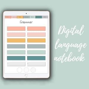 May include: A digital language notebook on a tablet screen. The notebook is divided into sections for vocabulary, verbs, grammar, idioms, corrections, and an index. The notebook has a light blue background with a white border. The text "Grammar" is in a pink box at the top of the screen. The text "Digital language notebook" is in white text on a light blue background.