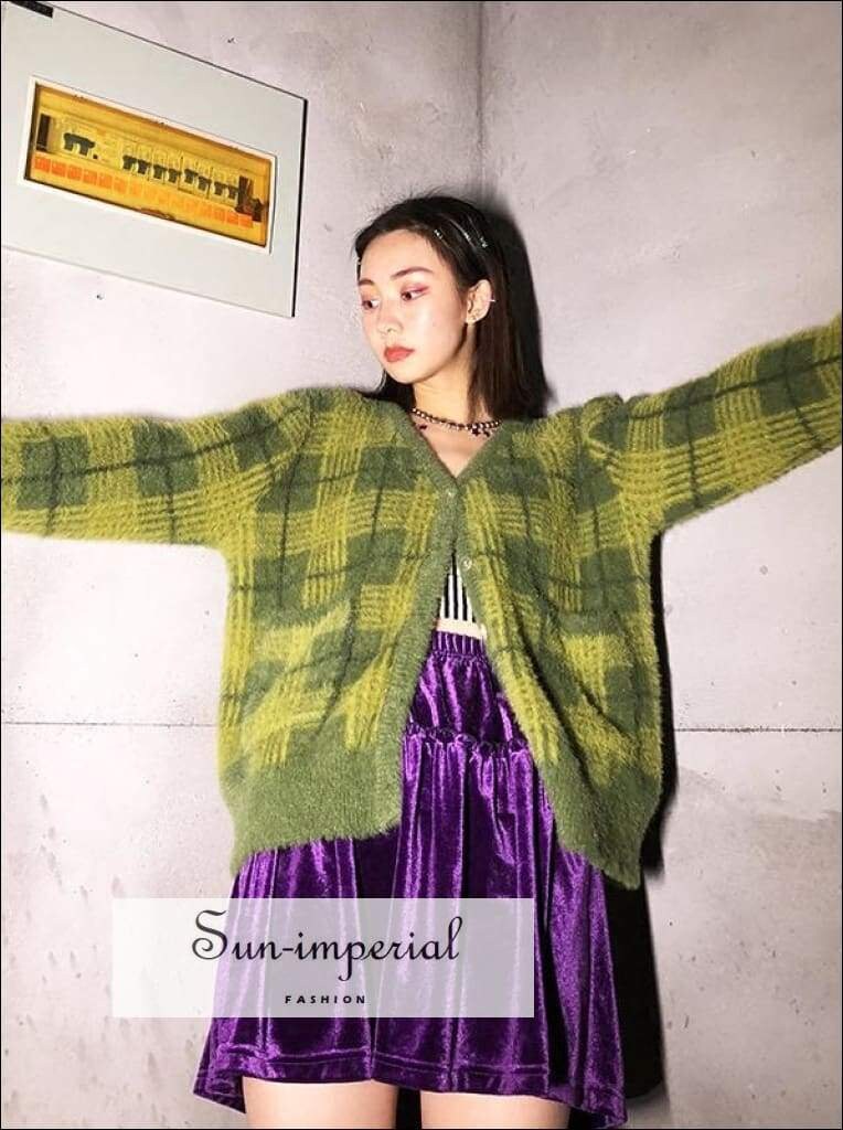 Green Olive Fuzzy Plaid Cardigan Top 