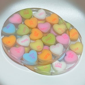 Candy heart coasters, conversation hearts, candy coasters, valentine’s day gift, candy decorations, resin coasters