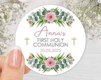 Personalised First Holy Communion Party Favor Stickers, Floral Communion Party Sticker