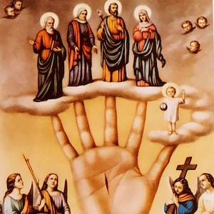 May include: A religious painting showing figures with halos on clouds above a large hand. The figures include saints and angels, with a child holding a globe. The artwork uses warm colours and detailed clothing.