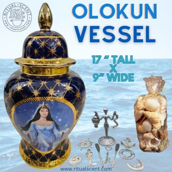 Olokun statue Sopera Blue tinaja Sirena grande Yemaya Olocun pot ginger jar potiche Yoruba Lucumi orisha vessel tureen lidded bowl Mami wata