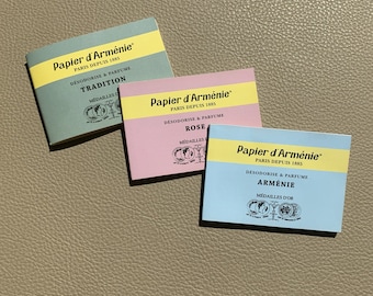 Paper incense set Booklets: French Papier d'Armenie TRADITION, ARMENIE and La ROSE fragrance burning home scents Parisian scent perfume