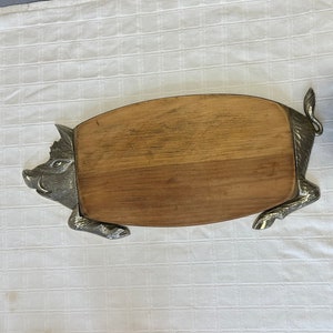 Vintage midcentury French wild boar hog charcuterie board | solid wood | pewter | 1950s | 1960s