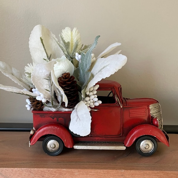 Winter Farmhouse Metal Pickup Truck Desk, Mantle, Table, Forest, Woodland, Woods, Snowy wonderland, Red or White Rustic table decor