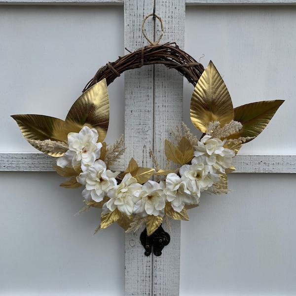 Cream, White, Gold leaf and Delphinium Flower small handcrafted Wreath, Winter, Farmhouse, Country, gold canvas, accented with wheat detail