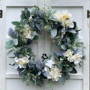 Handcrafted Everyday Wreath for Front door, Weathered style, Lambs Ear, Hydrangea, Thistle, & Babies Breath, blue, green, white Hydrangea