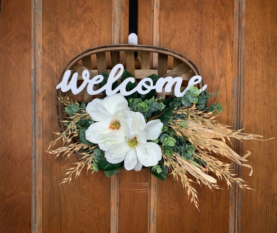 Farmhouse Magnolia Welcome Sign: Handmade Tobacco Basket Door Hanger