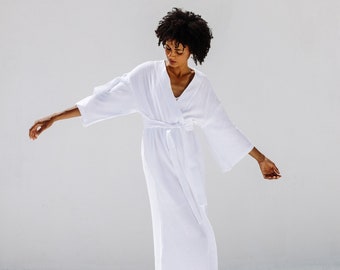 Long bridal robe| Midi Robe| Organic cotton Robe| Bridesmaid robe| Personalised robe| Kimono Robe| White robe