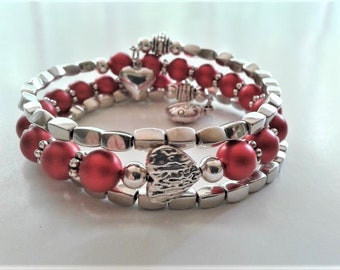 Ladies Memory Wire Swarovski Red Rouge Pearl Bracelet