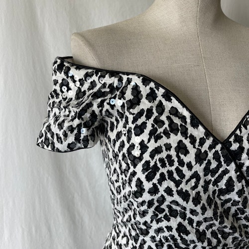 Vintage Morton Myles for Neiman Marcus shops sequin off the shoulder cheetah print dress// black & white// size 4