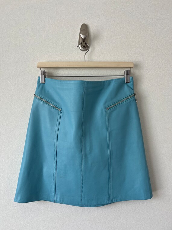 Y2K Tiffany Blue Cachè leather mini skirt// size: 