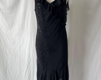 Y2K black chiffon ruffle beaded floral midi dress// size: small