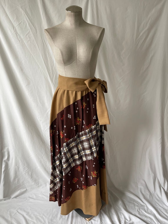 70s Chessa Davis floral and plaid print maxi skir… - image 1