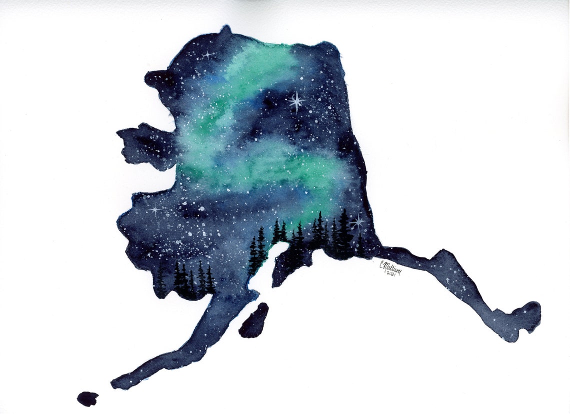 Alaska Northern Lights Watercolor Print AK State Outline Galaxy and