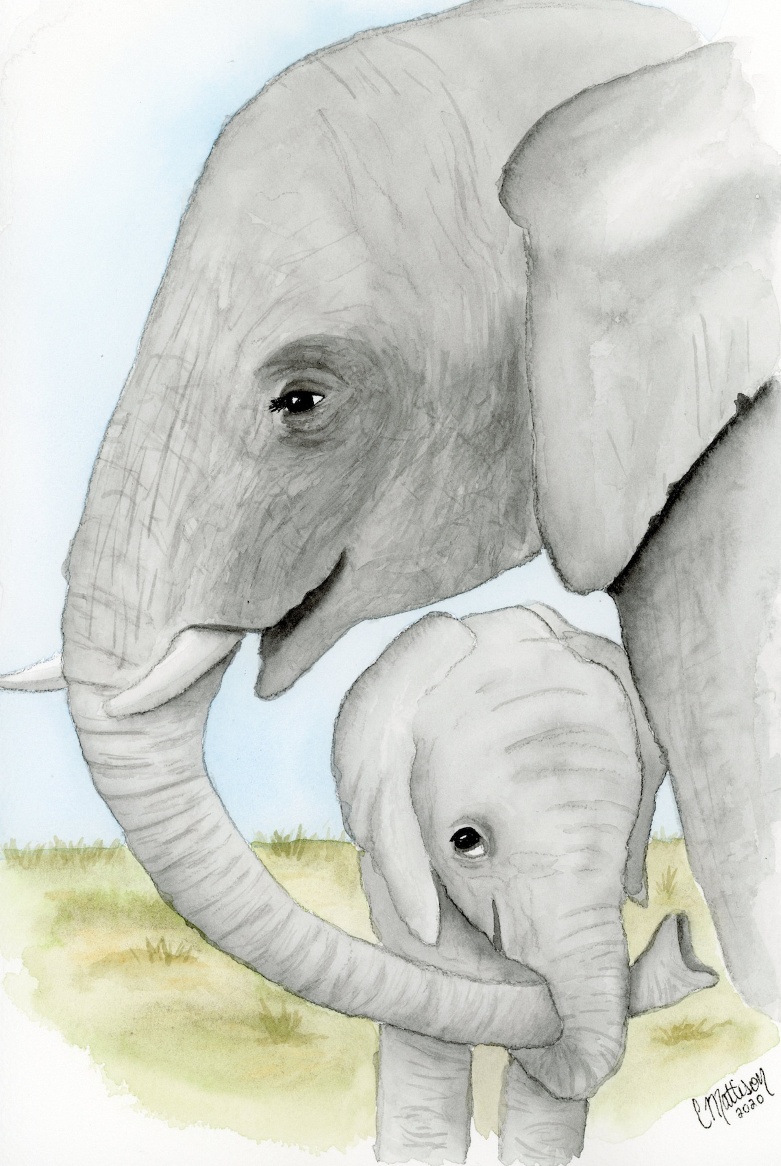 Mom and Baby Elephant Painting. Elephant Artwork Print. Watercolor Painting. Nursery Decor. Gift