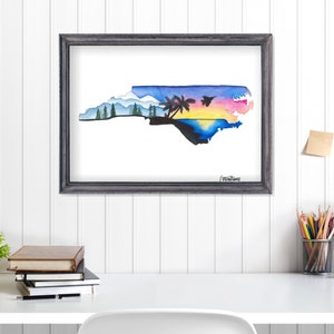 North Carolina Watercolor Art Print | Mountains, Beaches, and Fighter Jets
