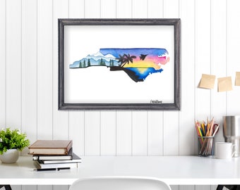 North Carolina Aquarelle Art Print | Montagnes, plages et avions de chasse