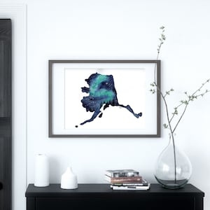 Alaska Northern Lights Watercolor Print | AK State Outline Galaxy and Stars | Aurora Borealis Artwork Wall Hanging Decor