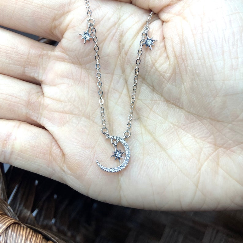 Sun Moon Necklace-925 Silver Necklace-Crescent Necklace-Ladies Necklace-Mini Necklace-Charm Necklace