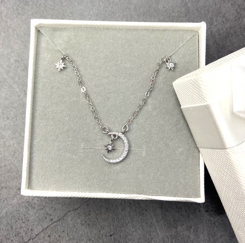 Sun Moon Necklace-925 Silver Necklace-Crescent Necklace-Ladies Necklace-Mini Necklace-Charm Necklace