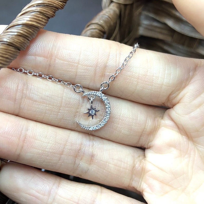 Sun Moon Necklace-925 Silver Necklace-Crescent Necklace-Ladies Necklace-Mini Necklace-Charm Necklace