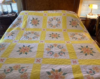 Cross Stitch Quilt Yellow Floral Queen King Handmade Stitching 88"x104" NEW