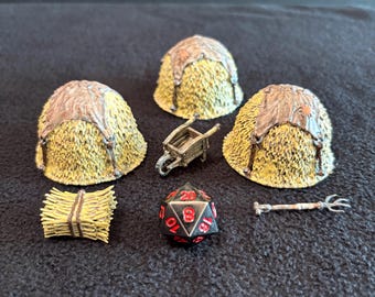 Hay stacks by Ender Toys / Painted 28mm miniature scatter terrain for Dungeons and Dragons DnD / Farm Village Town bales cart and tools