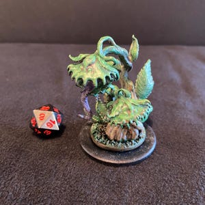 May include: A miniature fantasy mushroom figure with green and brown coloring, set on a black base. A multi-sided die with red numbers sits next to the figure. The figure has a detailed, textured appearance, suggesting it is hand-painted.