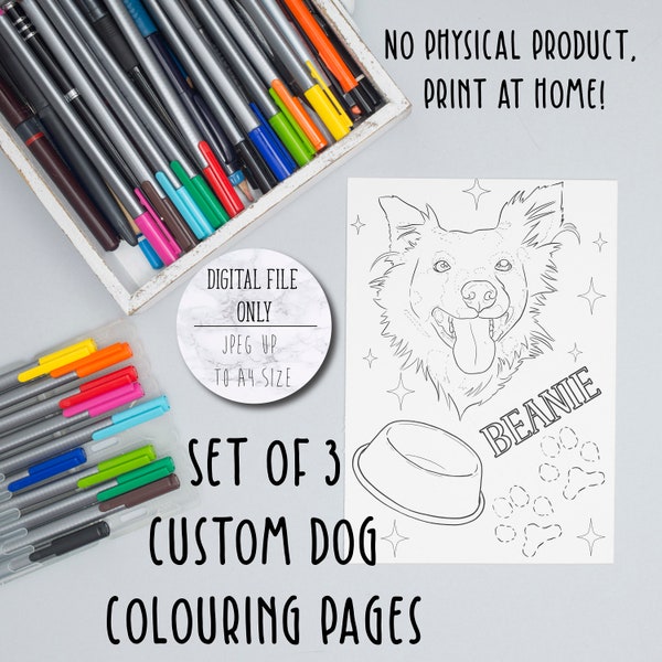 Custom Pet Portrait, Dog Art, Colouring Pages, Digital Personalised Drawing, Printable Set of 3