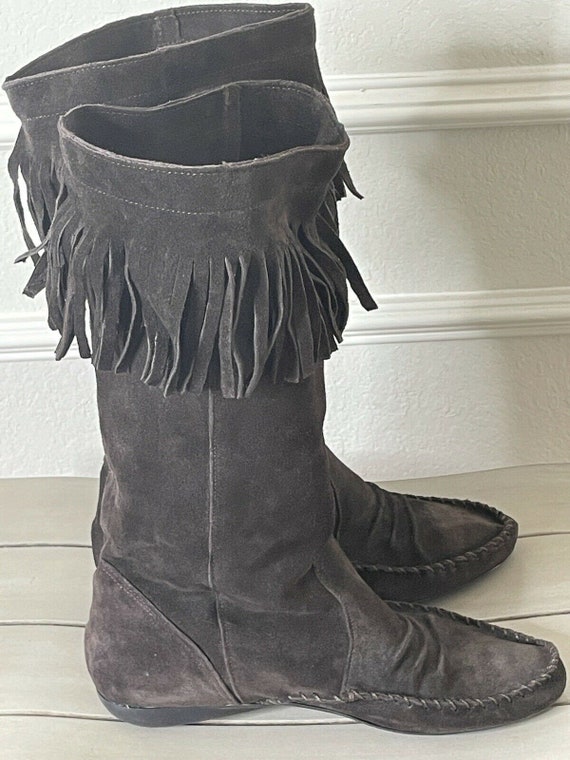 Talia Black Suede Fringe Mocassin Boots Womens Size 7… - Gem