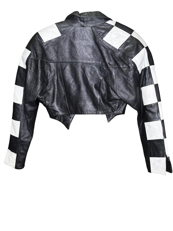 Vintage 80s Sensation Cropped Checkered Race Racing Moto Leather Jacket M