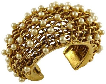 Chanel Vintage 1988 Gold Toned Braided Pearl Wide Cuff Bracelet