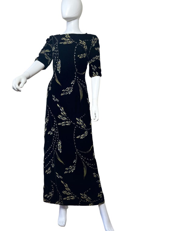 Small medium Vtg 80s black velvet maxi dress with… - image 1