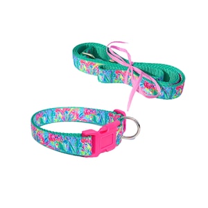 May include: A green and pink patterned dog collar and leash set. The collar has a pink plastic buckle and a silver D-ring. The leash is tied with a pink ribbon.