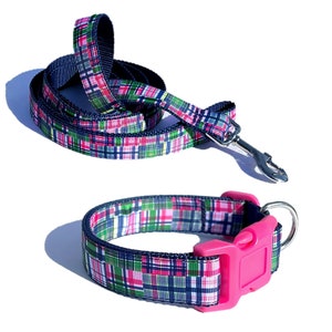 May include: A blue and pink plaid dog collar and matching leash with a pink plastic buckle and a silver clip.
