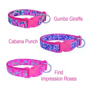 May include: Three pink dog collars with different colorful patterns. The collars are labeled "Gumbo Giraffe", "Cabana Punch", and "First Impression Roses".