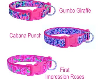 Dog Collar and/or Leash on Bright Pink | Gumbo Giraffe | Cabana Punch | Roses | Sizes XXS to XL