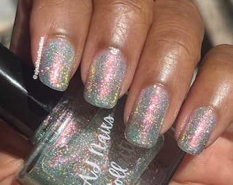Ein wechselnder Grün Gold Orange Pink Nagellack Lack mit holographischem Glitzer 5ml und 10ml Flaschen UK Indie Brand Vegan Geschenk 2026 Maniküre