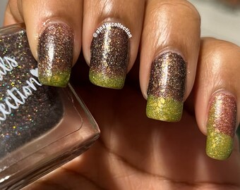 Braun Orange Gelb Grün Thermo-Nagellack mit Holographischem Glitzer und Gold Flakies 5ml & 10ml Flaschen UK Indie Brand Geschenkideen Art