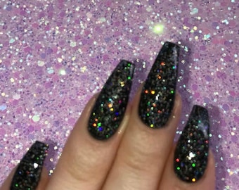 Schwarz Holographisch Glitter Nagellack Lack 5ml und 10ml Flaschen UK Indie Nail Brand Quick Dry Vegan funkelnde Nägel Maniküre Nail Art 2026