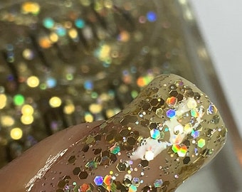 Esmalte de uñas Gold Hex Glitter con purpurina holográfica, frascos de 5 ml y 10 ml. Ideal para fiestas, de una marca independiente británica, para disfrutar del verano y regalar.